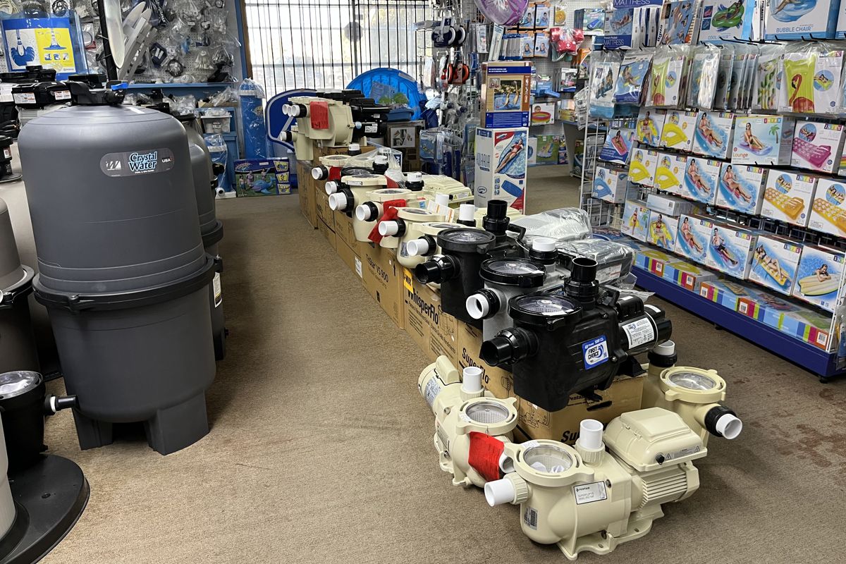 Variable-speed pumps stocked at the Fontana store, ready for installation